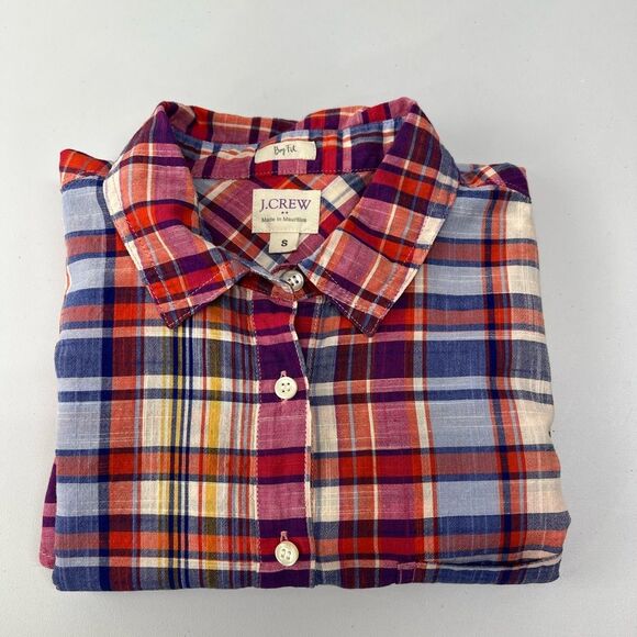 J Crew Factory Popover Red Pink Plaid Long Sleeve Blouse Boy Fit Womens Small - Picture 7 of 7